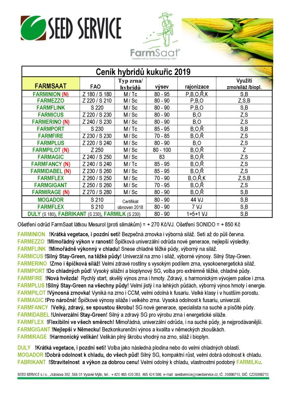 ceník hybridů kukuřice 2019